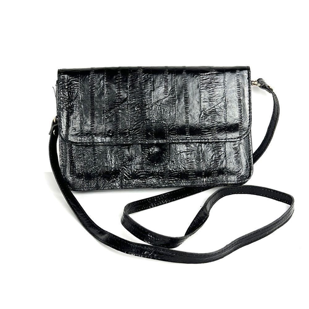 Vintage Real Eel Skin Black Clutch / Crossbody Bag with built-in Mirror